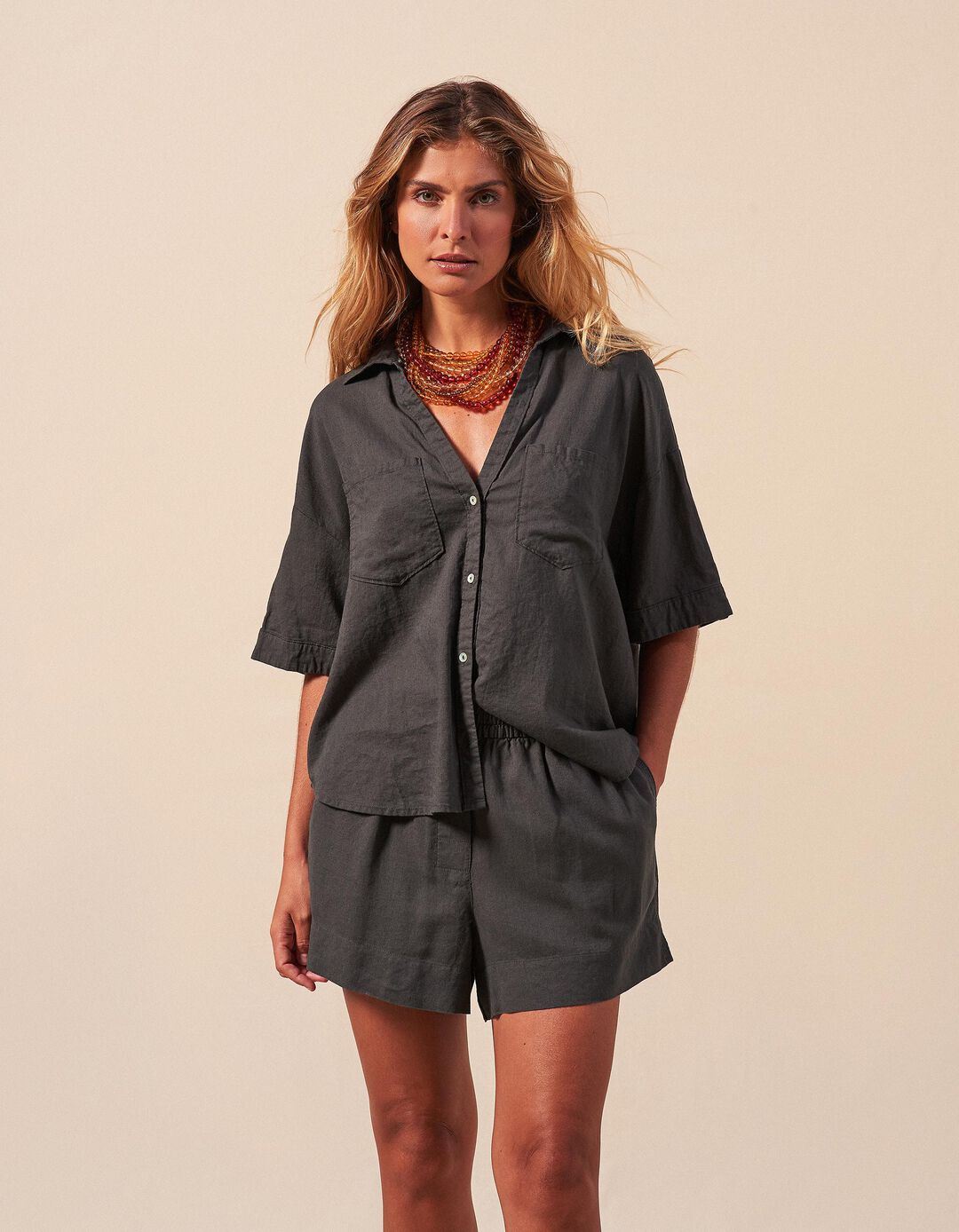 Camisa com Linho, Mulher, Cinzento Escuro