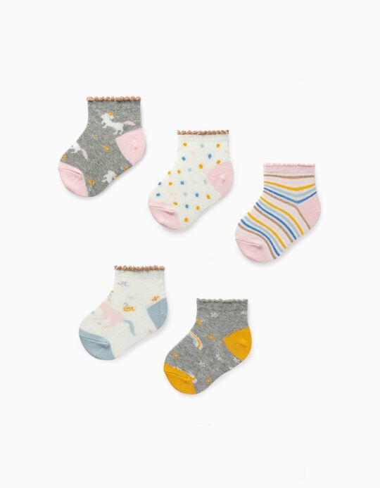 5 Pairs Ankle Socks for Baby Girls 'Unicorns', Multicoloured
