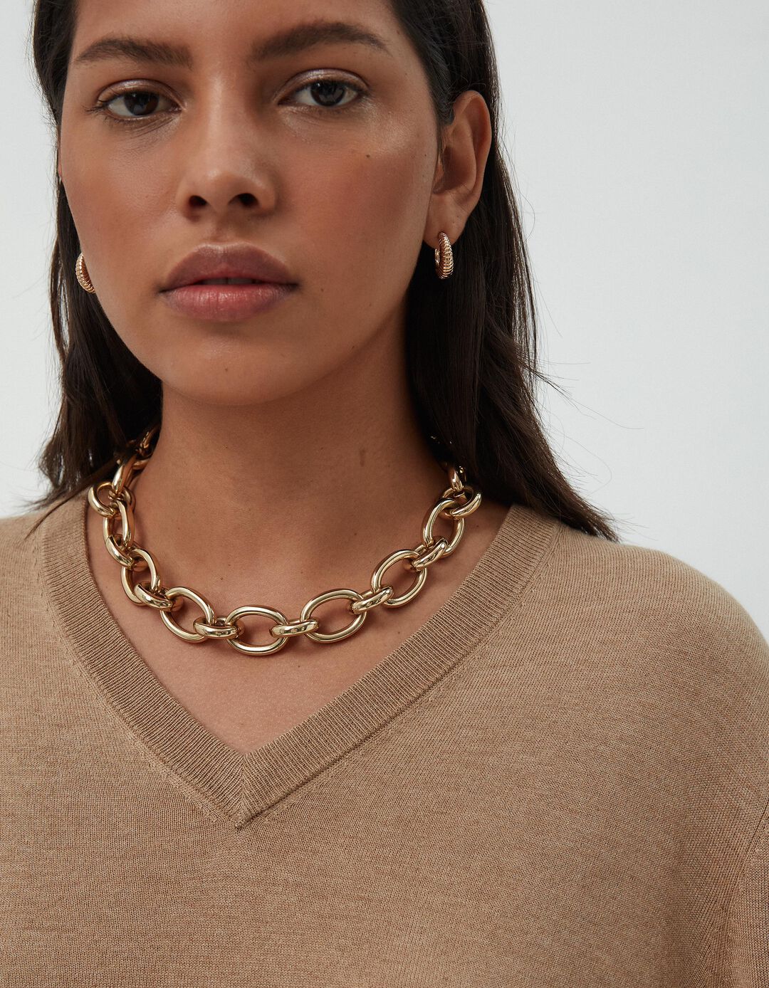 Camisola Mistura de Caxemira Decote em V, Mulher, Bege