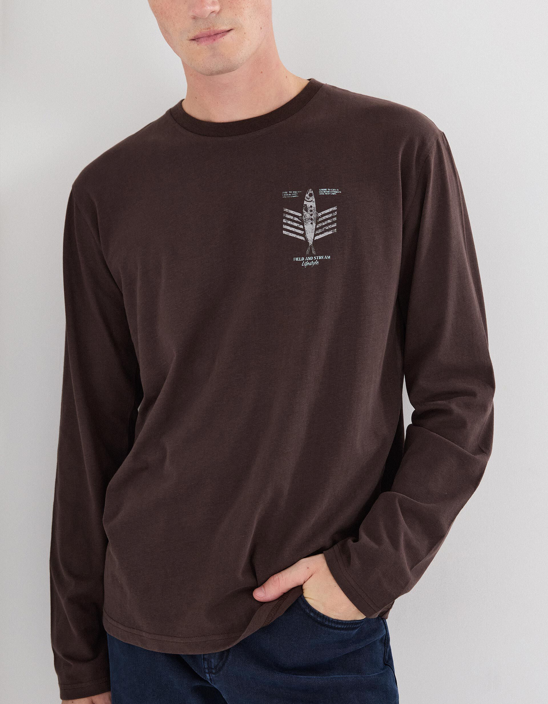 Comprar Online T-shirt Manga Comprida, Homem, Castanho Escuro