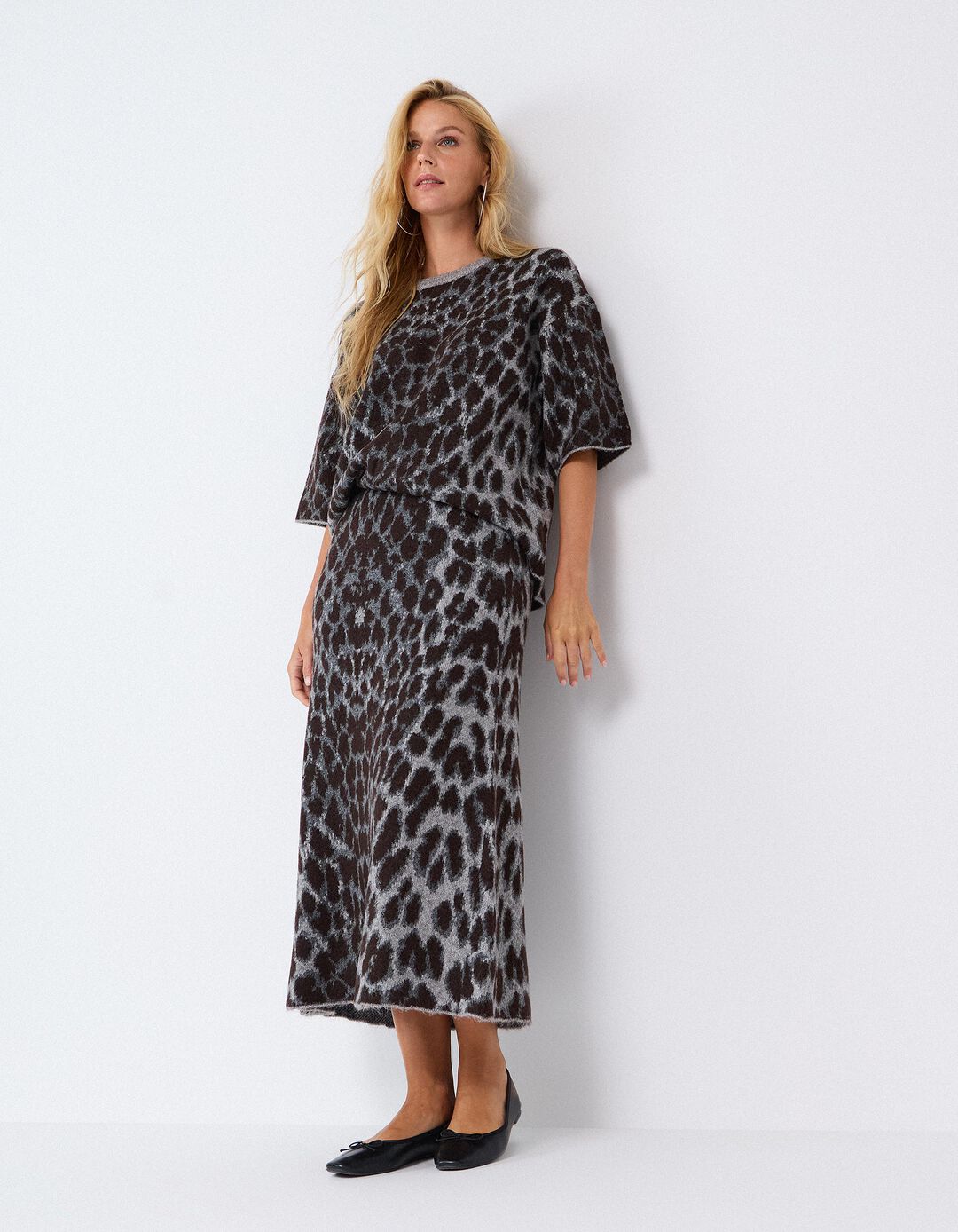 Saia Midi Animal Print, Mulher, Cinzento