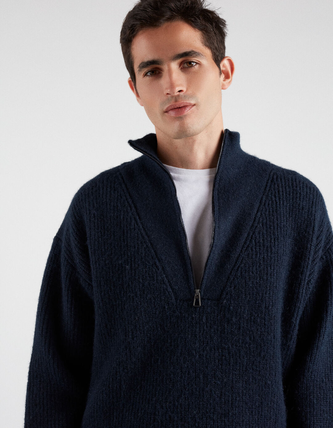 Wool Blend Zip Sweater, Men, Dark Blue