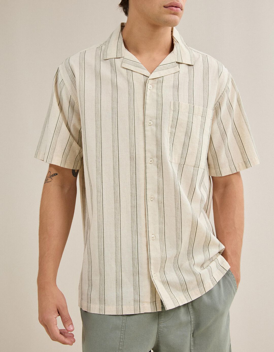 Camisa Resort com Linho, Homem, Bege Claro