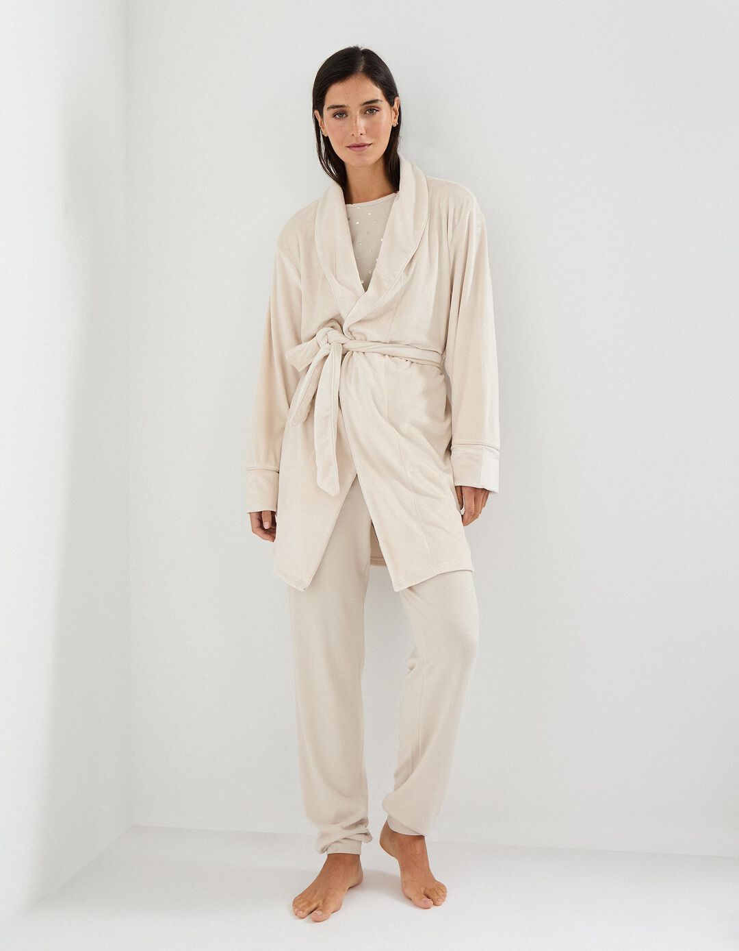 Robe em Veludo, Mulher, Bege Claro 