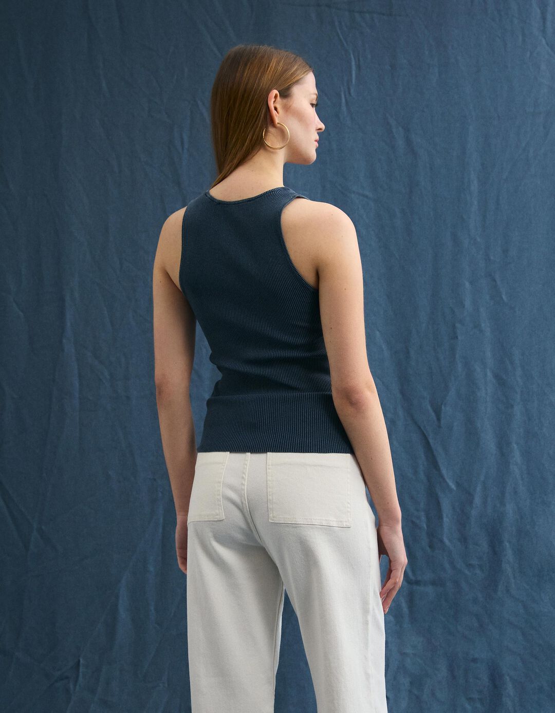 Tank Top Canelado, Mulher, Azul Escuro