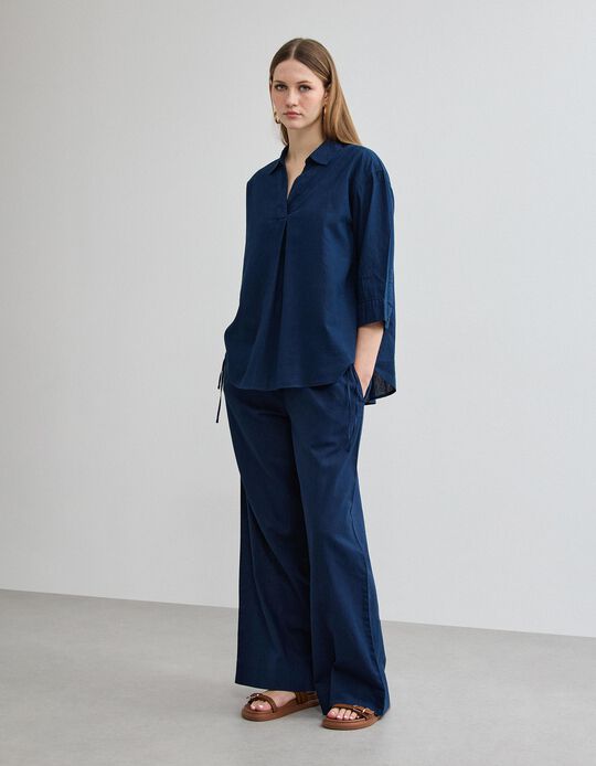 Comprar Online Cal&ccedil;as com Linho, Mulher, Azul Escuro