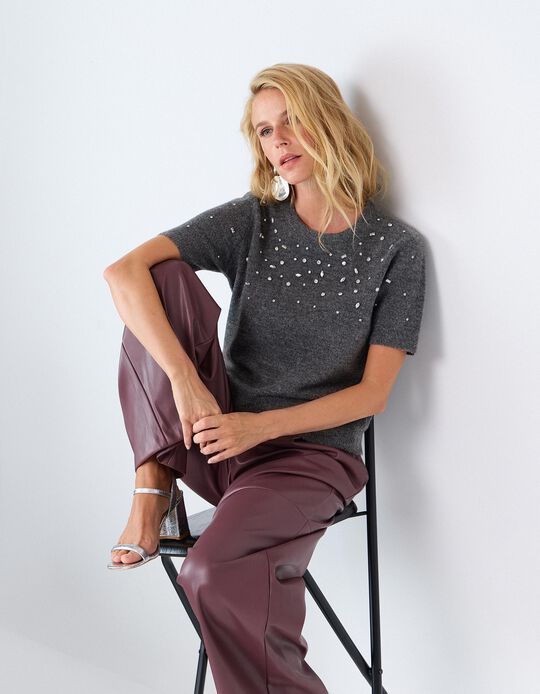 Comprar Online Camisola Tricotada Com Pedras, Mulher, Cinzento Escuro