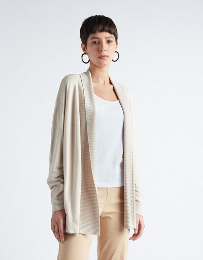Ribbed Knitted Cardigan, Women, Beige