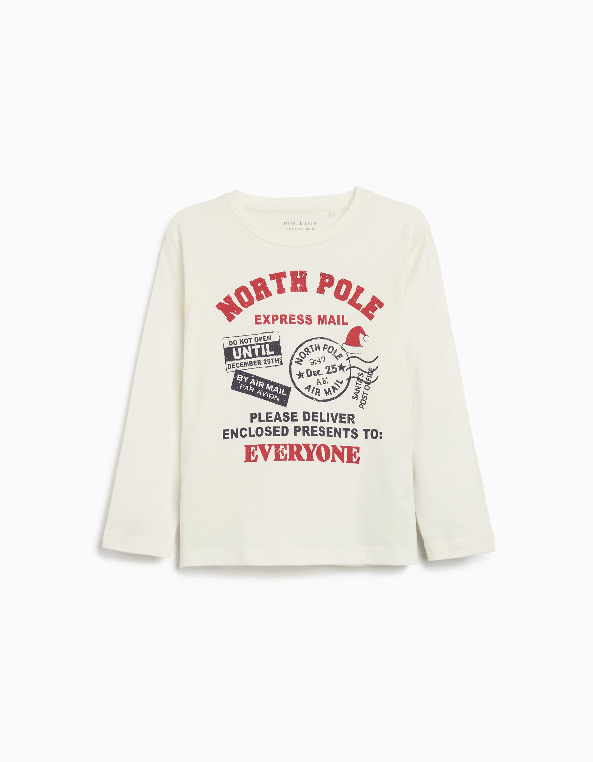 T-shirt de Manga Comprida de Natal, Menino, Bege 