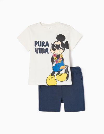 Conjunto T-shirt + Calções para Bebé Menino 'Mickey Pura Vida', Branco/Azul Escuro