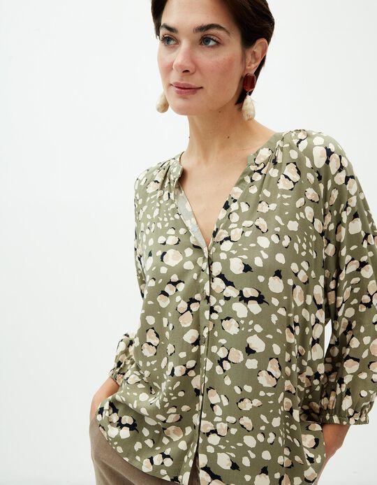 Comprar Online Blusa Estampada Decote em V, Mulher, Verde Escuro
