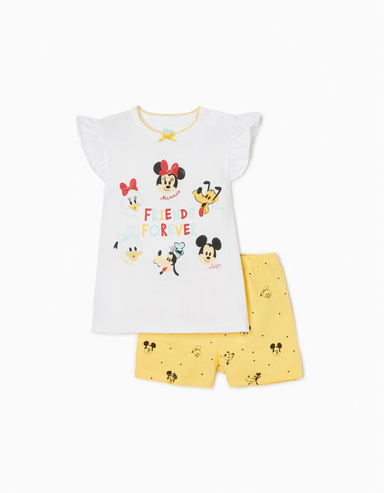 Pijama Algodão T-Shirt + Calções para Bebé Menina 'Minnie Crew', Branco/Amarelo
