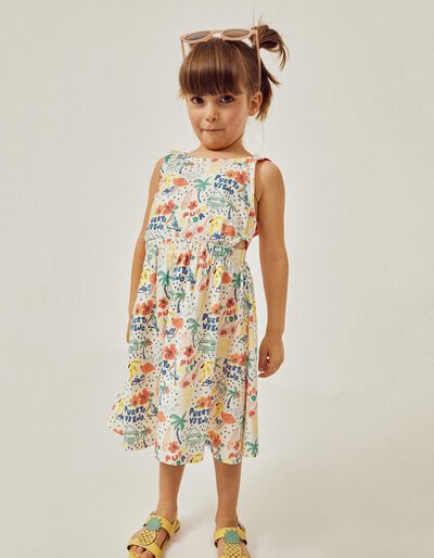 Cotton Dress with Tropical Pattern for Girls, Multicoloured