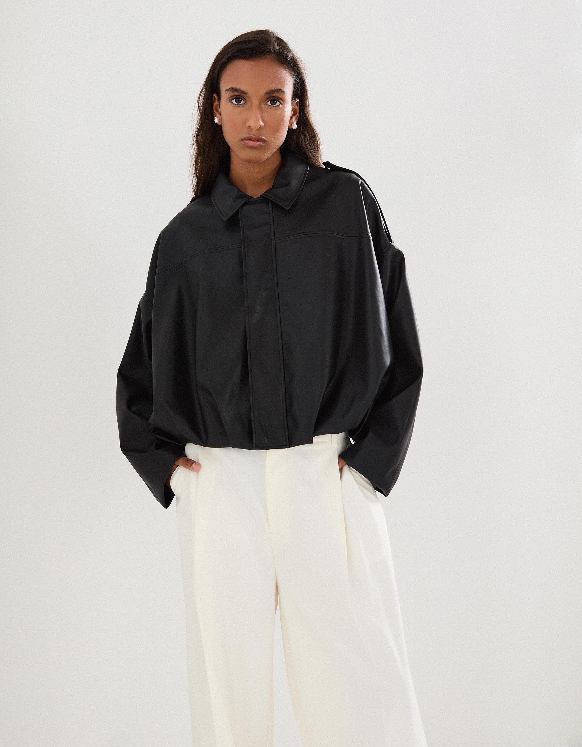 Casaco Bomber Efeito Pele, Mulher, Preto