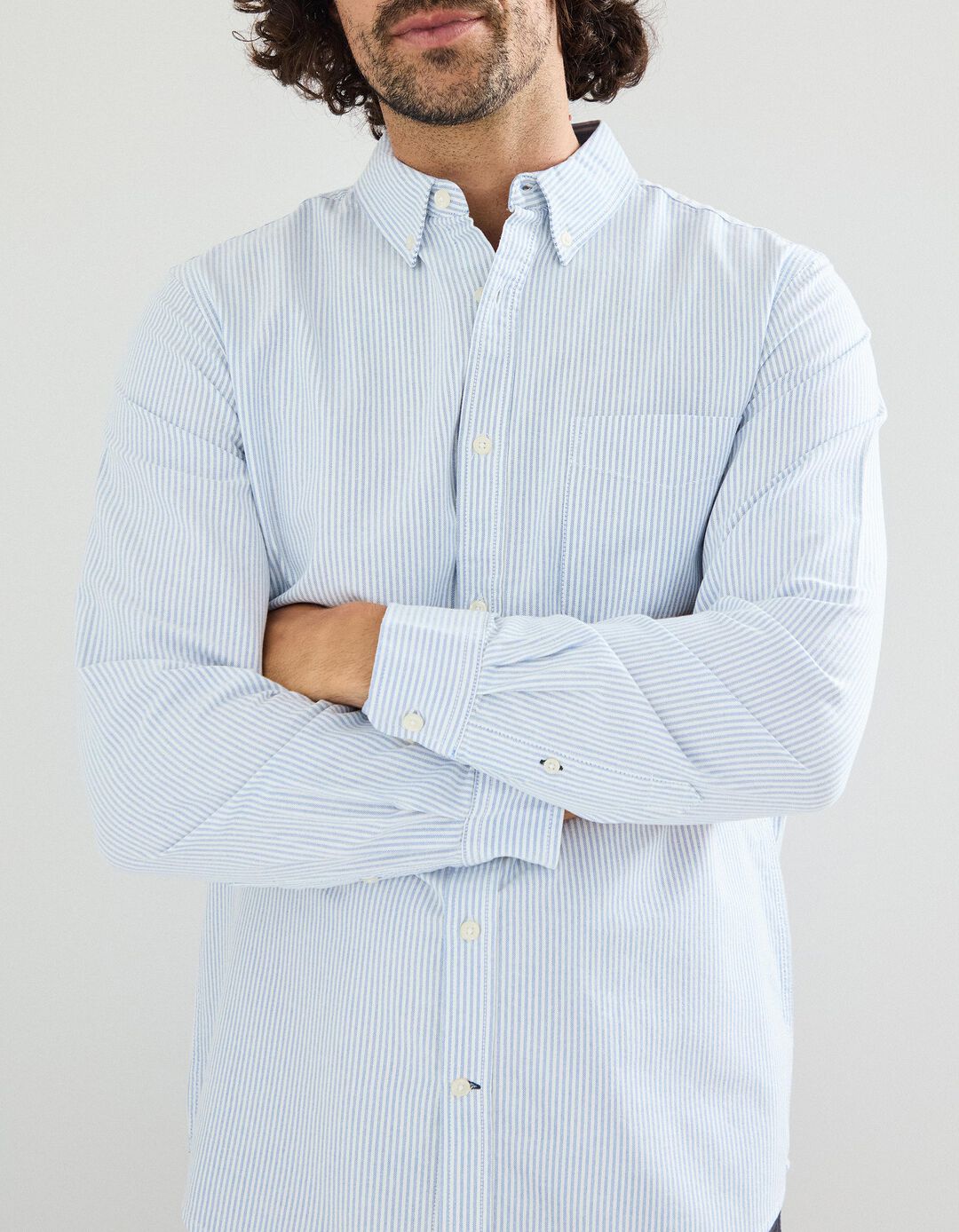 Camisa de Manga Comprida Oxford com Riscas, Homem, Azul