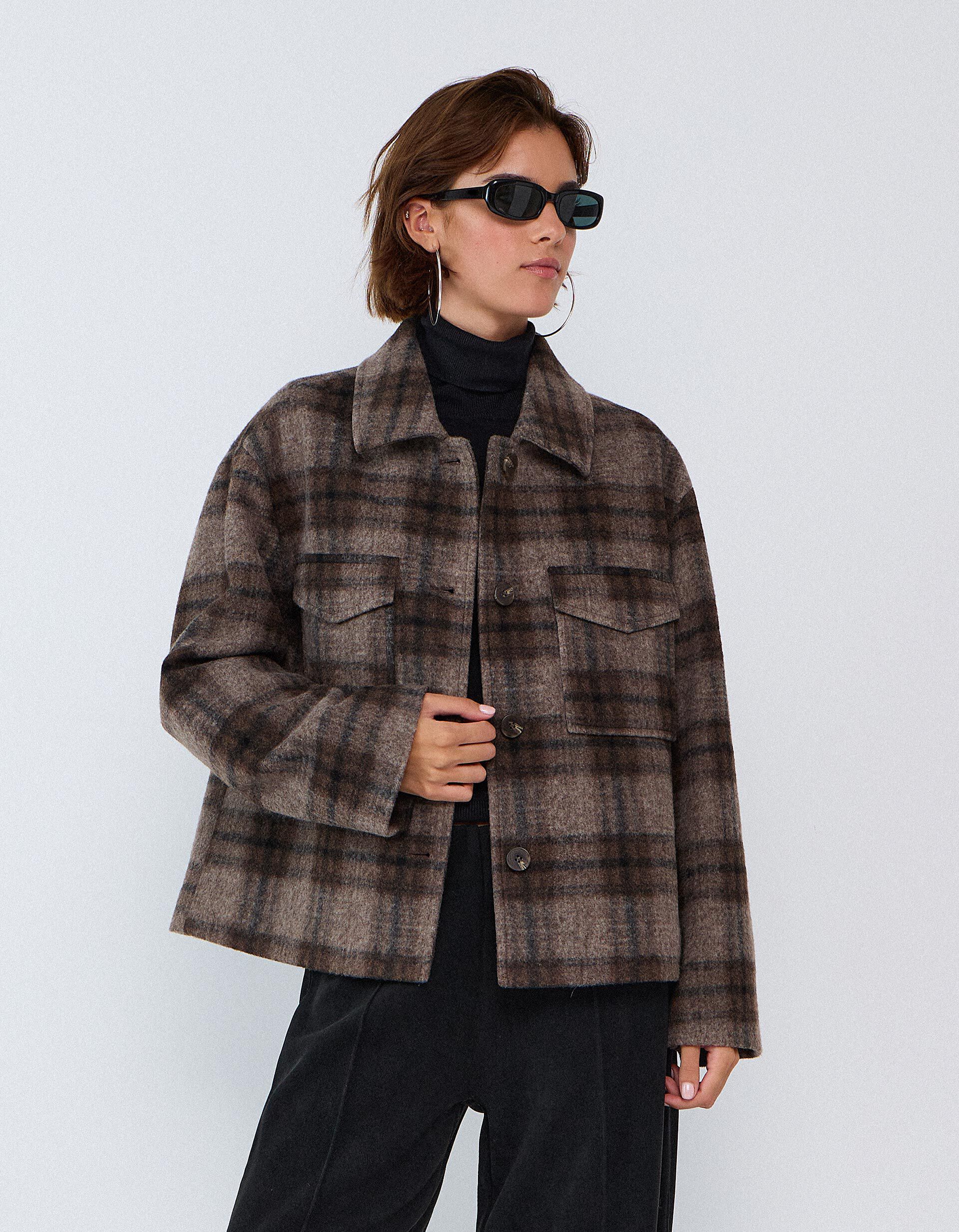 Comprar Online Casaco Curto Aos Quadrados, Mulher, Castanho