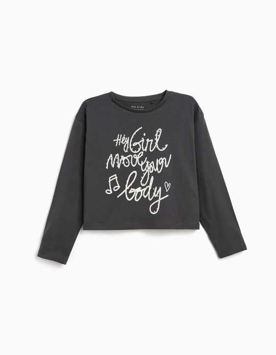 Comprar Online T-shirt Manga Comprida Estampado, Menina, Cinzento Escuro
