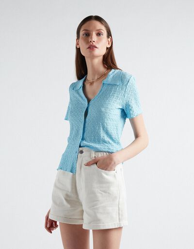 Textured Short Sleeve Shirt, Women, Light Blue