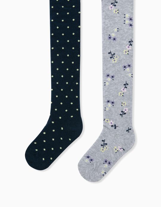 2 Pairs of Fine Knit Tights for Girls 'Flowers & Dots', Grey/Dark Blue