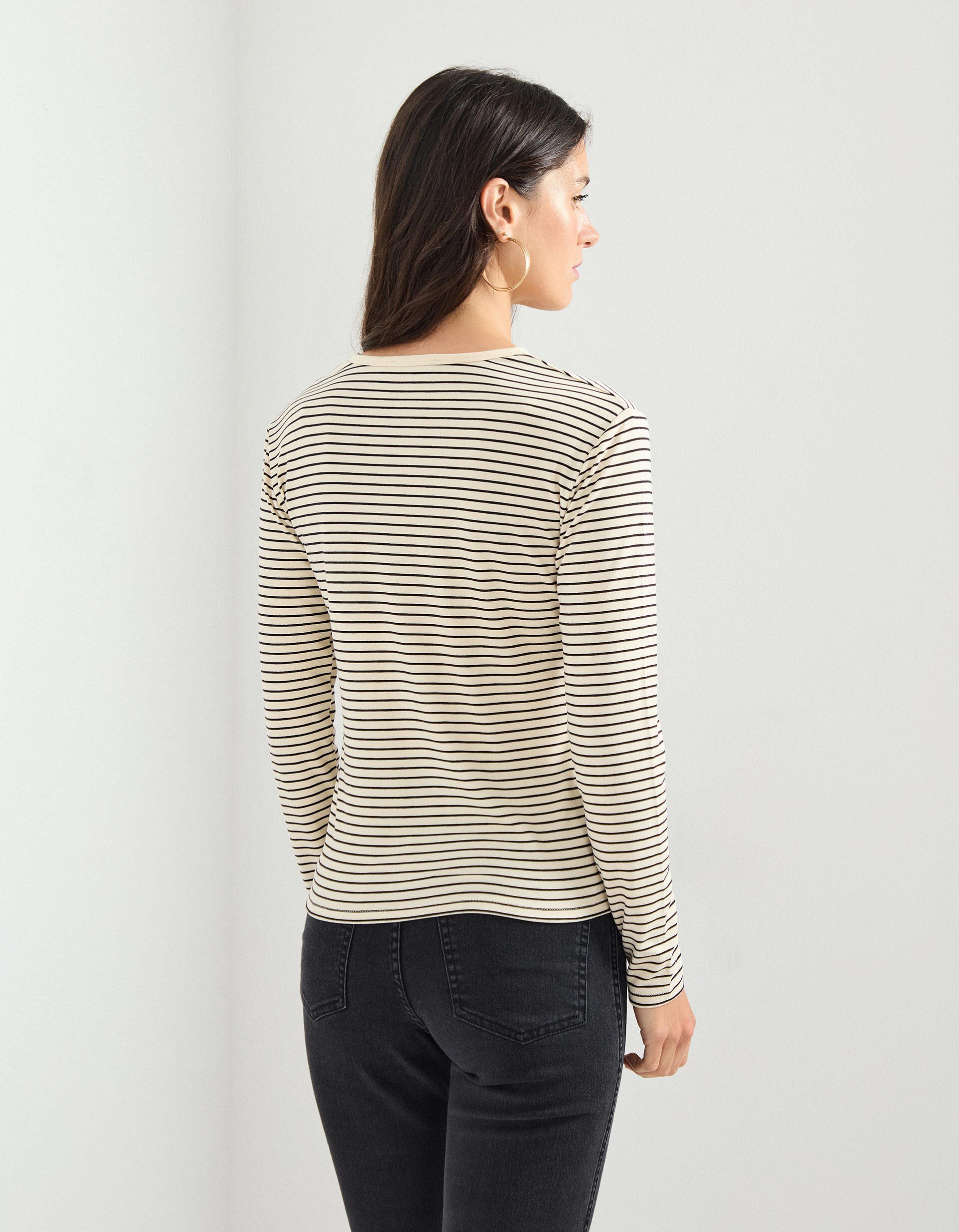 Comprar Online T-shirt de Manga Comprida Riscas, Mulher, Bege Claro