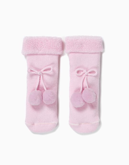 Meias Terry para Beb&eacute; Menina com Pompom, Rosa