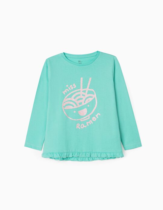 Long Sleeve T-Shirt for Girls 'Miss Ramen', Aqua Green