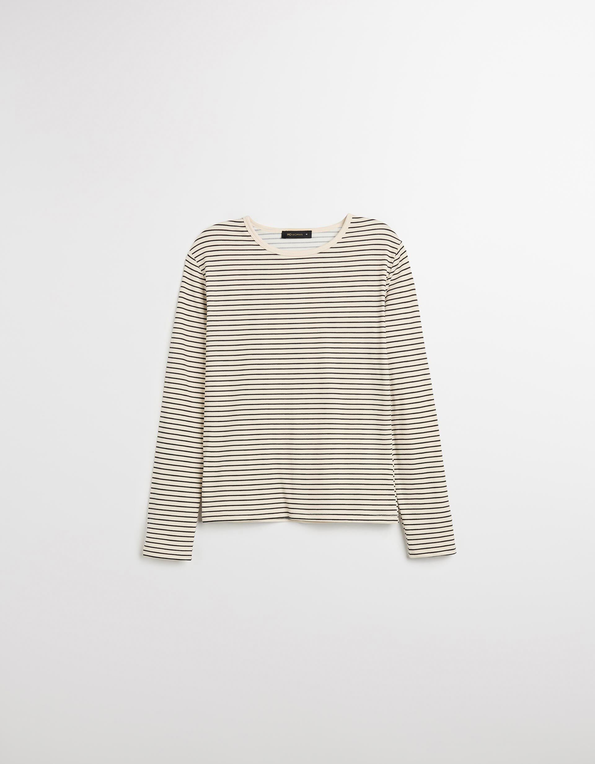 Comprar Online T-shirt de Manga Comprida Riscas, Mulher, Bege Claro
