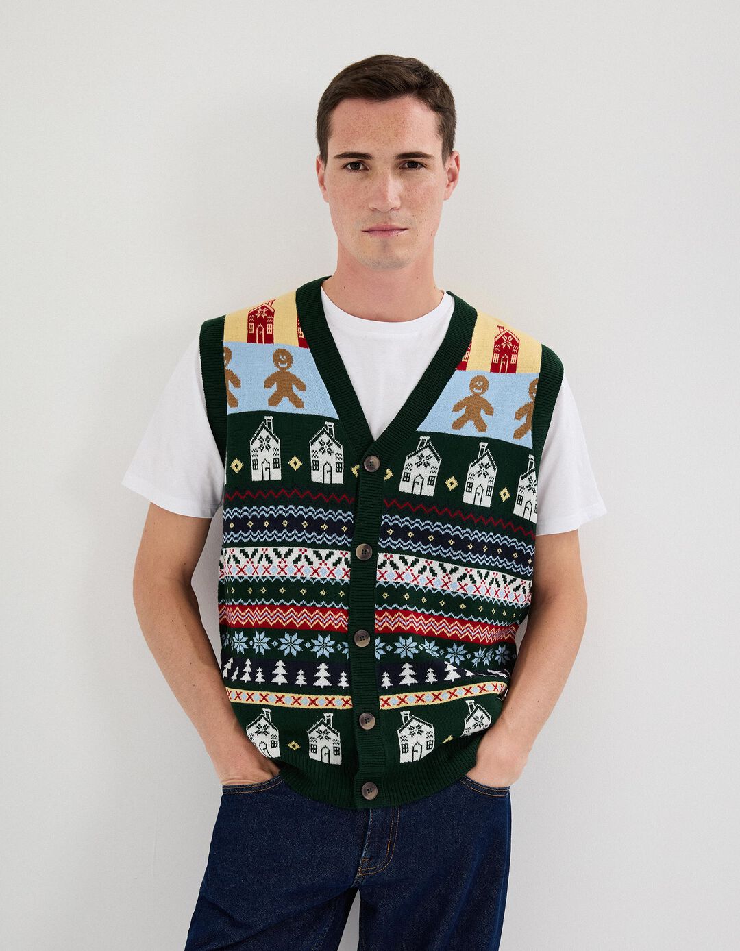 Colete Natal de Malha, Homem, Verde Escuro 