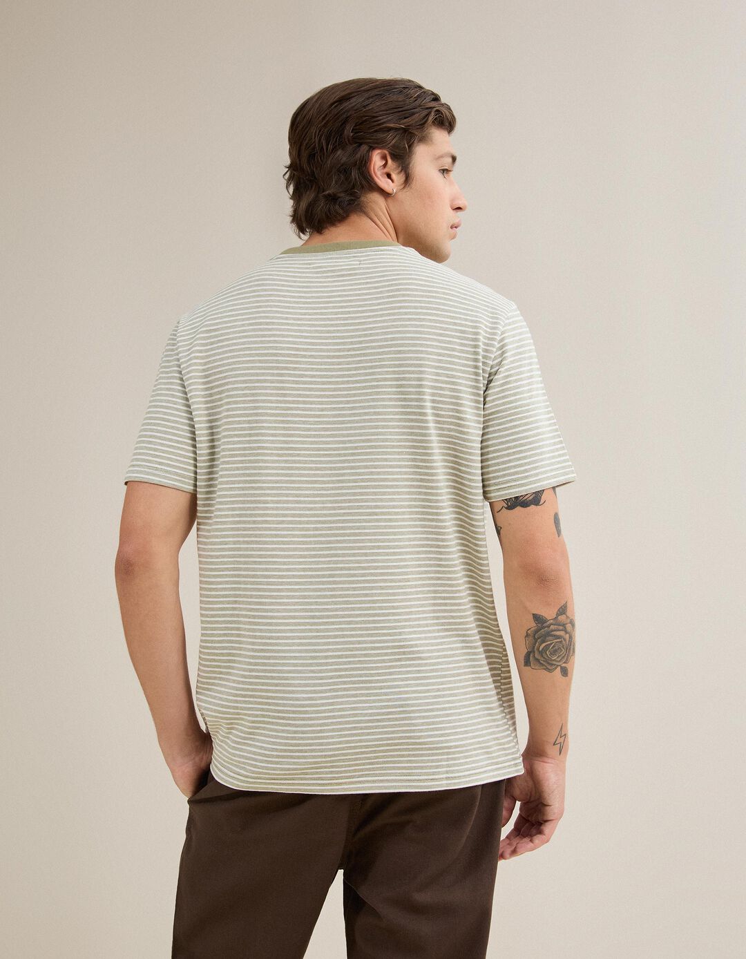T-shirt Jersey Riscas, Homem, Verde Escuro