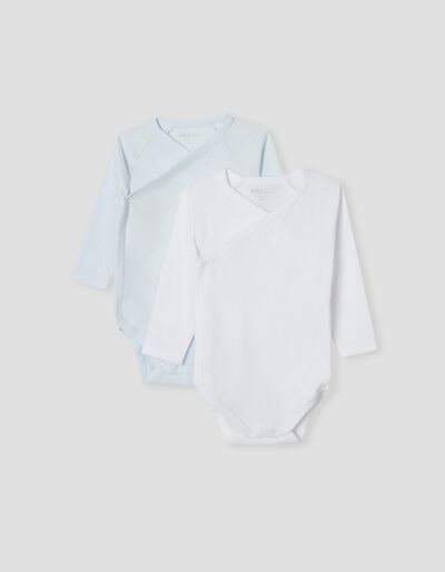 2 Cotton Bodysuits, Babies, White/ Blue