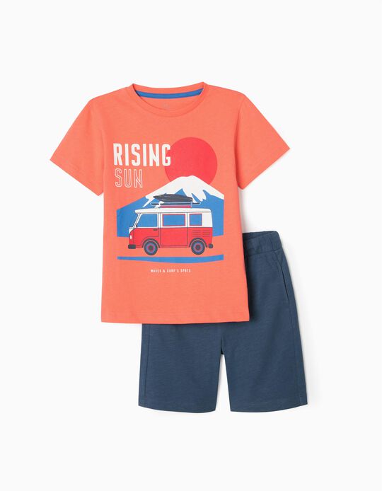 T-Shirt + Shorts for Boys 'Rising Sun', Coral/Blue