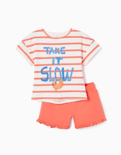 T-shirt + Calção em Algodão para Menina 'Take It Slow', Coral