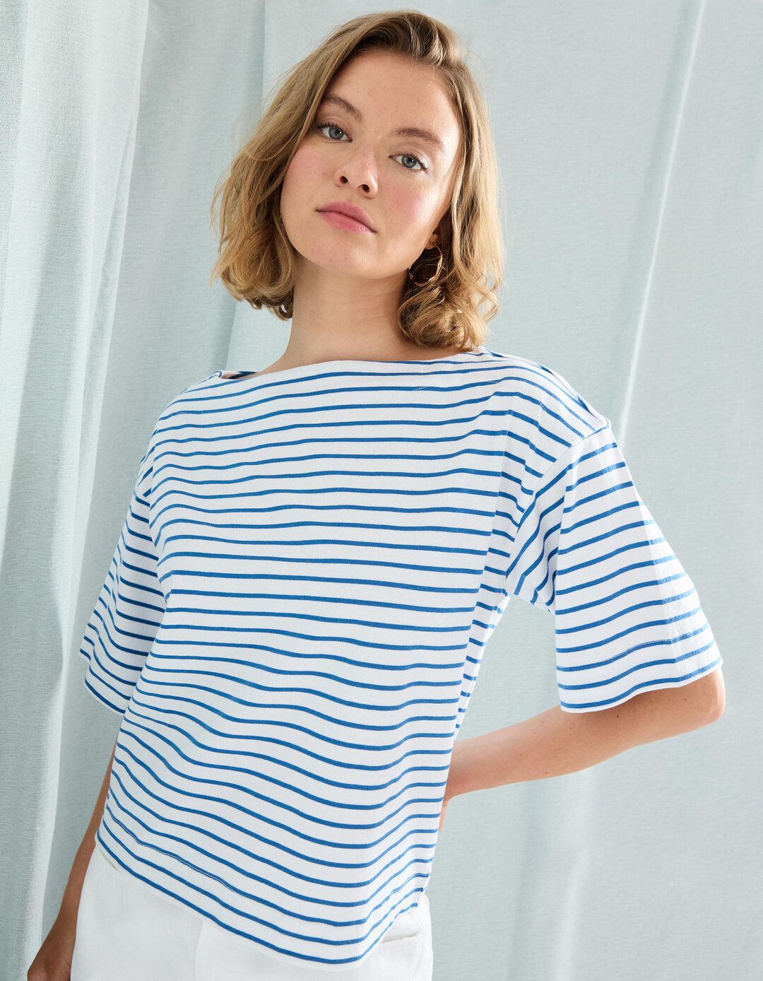T-shirt Riscas com Decote em Barco, Mulher, Branco