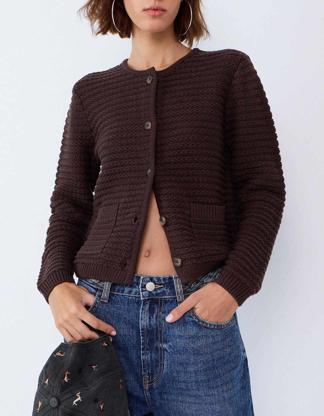 Casaco Tricotado Com Textura, Mulher, Castanho