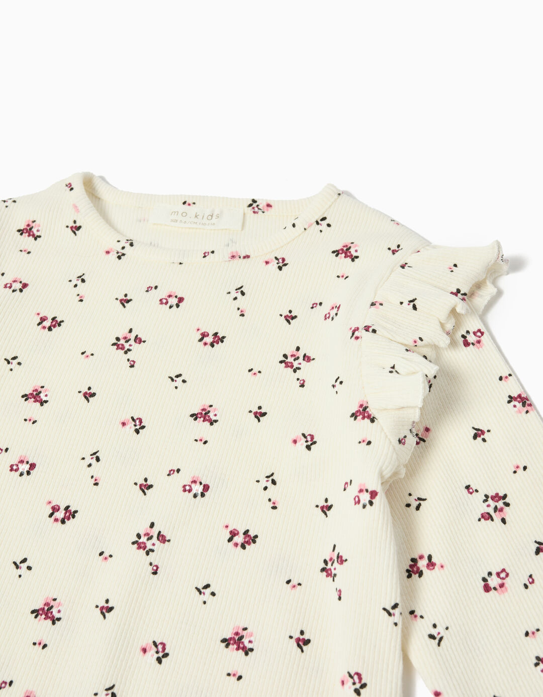 T-shirt de Manga Comprida com Folhos, Menina, Branco
