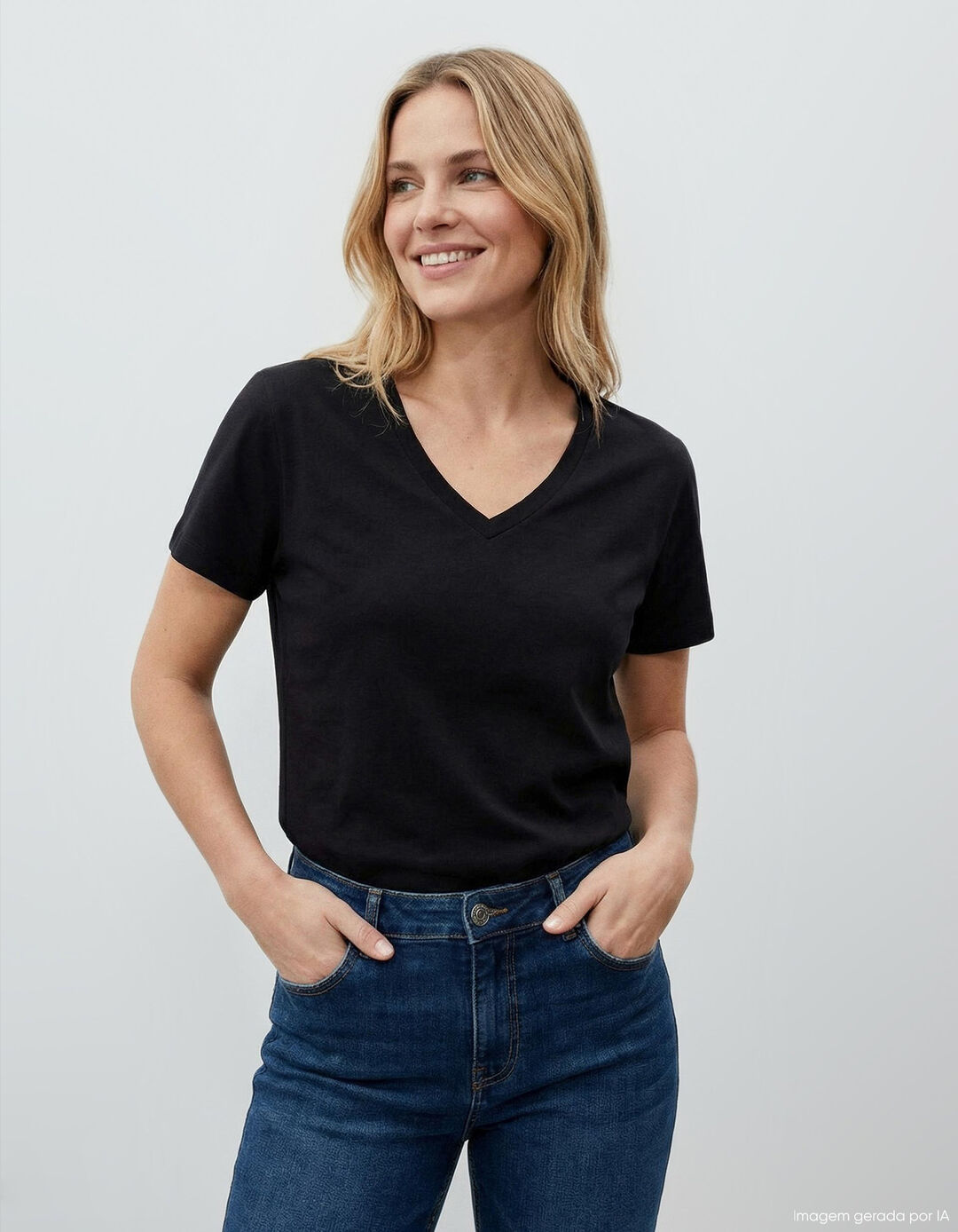 T-shirt Decote em V, Mulher, Preto