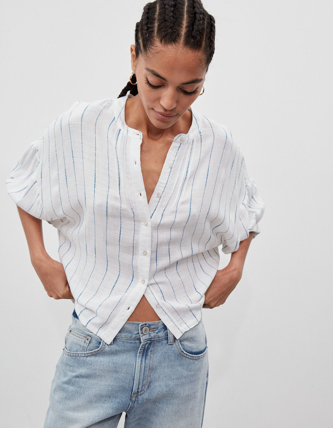 Linen Blend Striped Shirt, Women, White