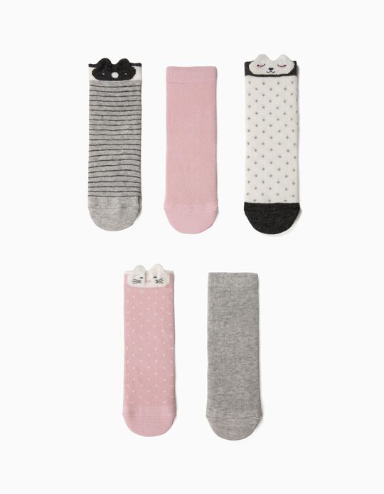 Pack 5 Meias Lisas e Fantasia para Beb&eacute; Menina, Rosa e Cinza