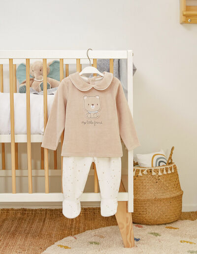 Cotton Velour 2 in 1 Pyjamas for Babies, White/Beige