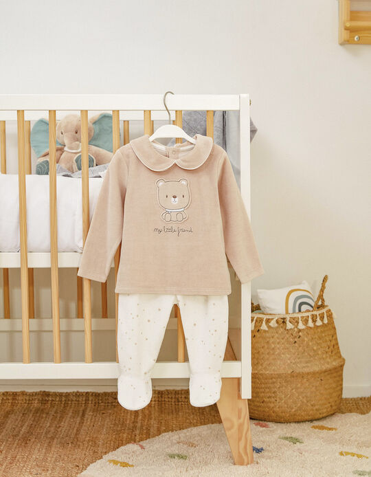 Pijama de Terciopelo 2 en 1 de Algodón para Bebé, Blanco/Beige
