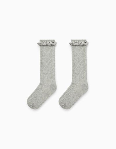 Cotton Knee-High Socks for Girls, Grey