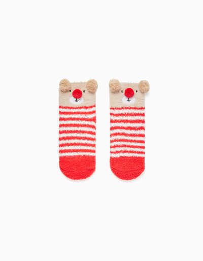 Christmas Fleece Socks for Boys 'Bear', Red/Beige