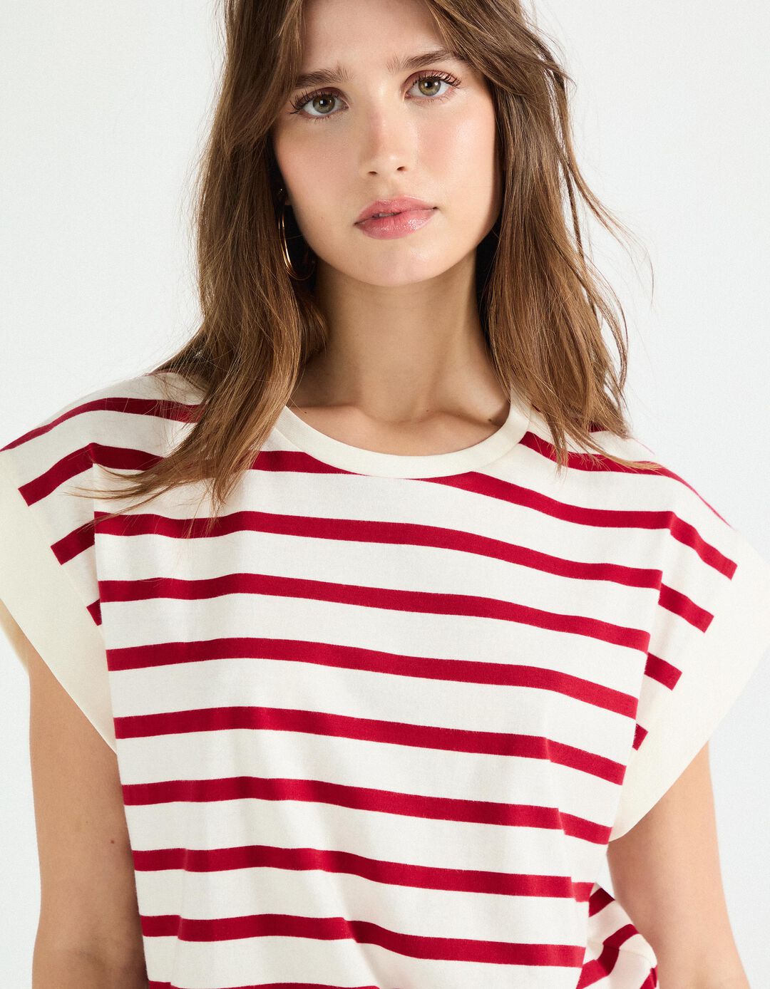 T-shirt com Riscas, Mulher, Vermelho Escuro