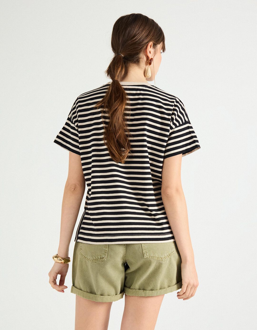 T-shirt de Riscas, Mulher, Bege Claro 