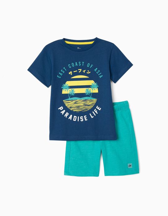 T-Shirt + Shorts for Boys 'Paradise Life', Blue/Aqua Green
