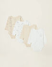 4 Long Sleeve Cotton Bodysuits for Babies 'Hedgehog', White/Beige