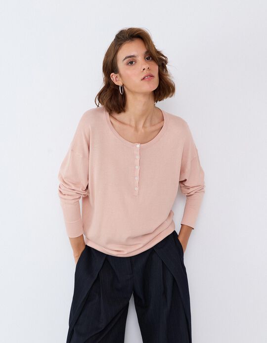Comprar Online Camisola Decote Henley, Mulher, Rosa Claro