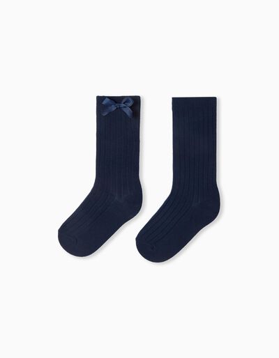 High-knee Bow Ribbed Socks, Girls, Dark Blue