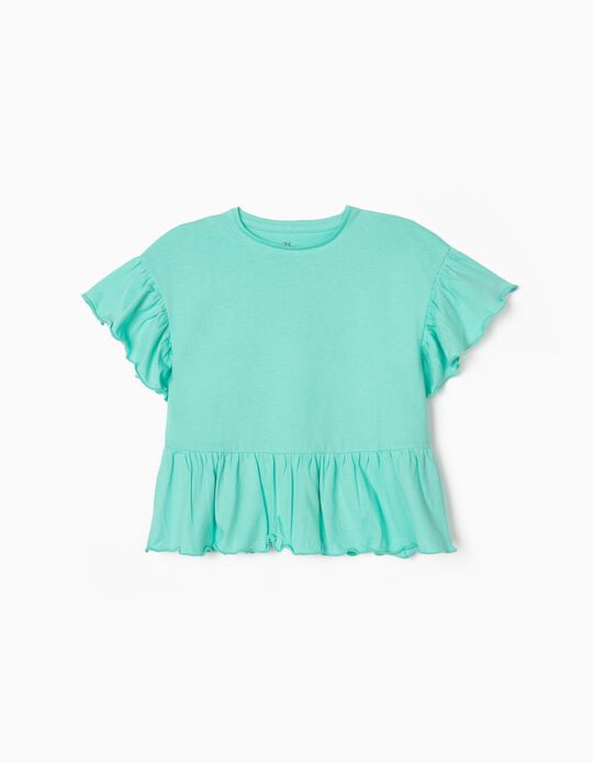T-Shirt com Folhos para Menina, Verde Água