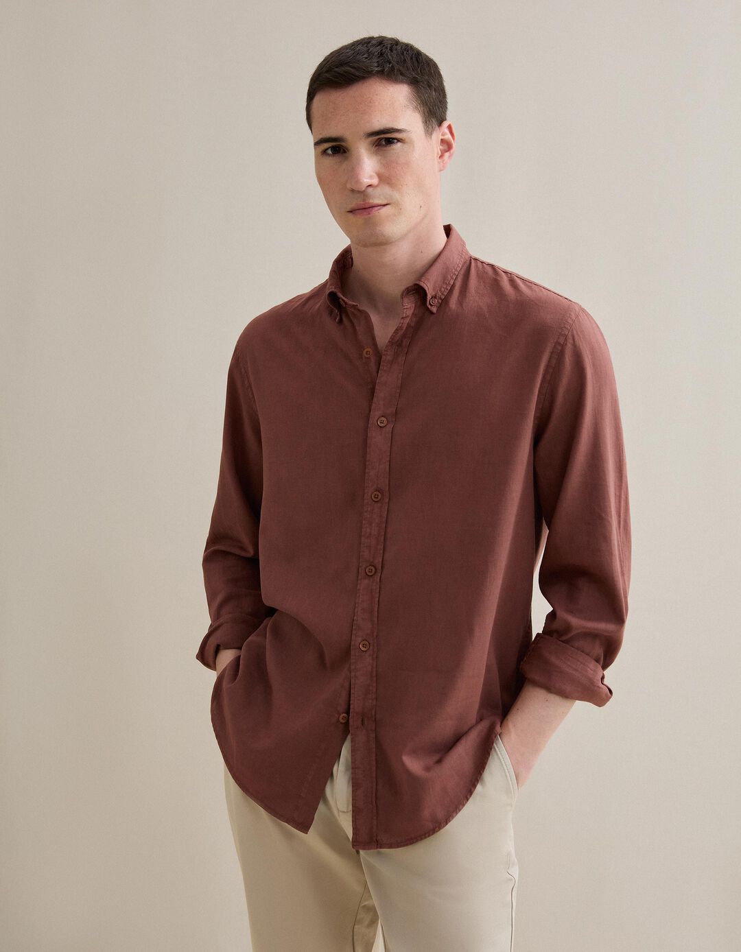 Camisa com Linho, Homem, Castanho